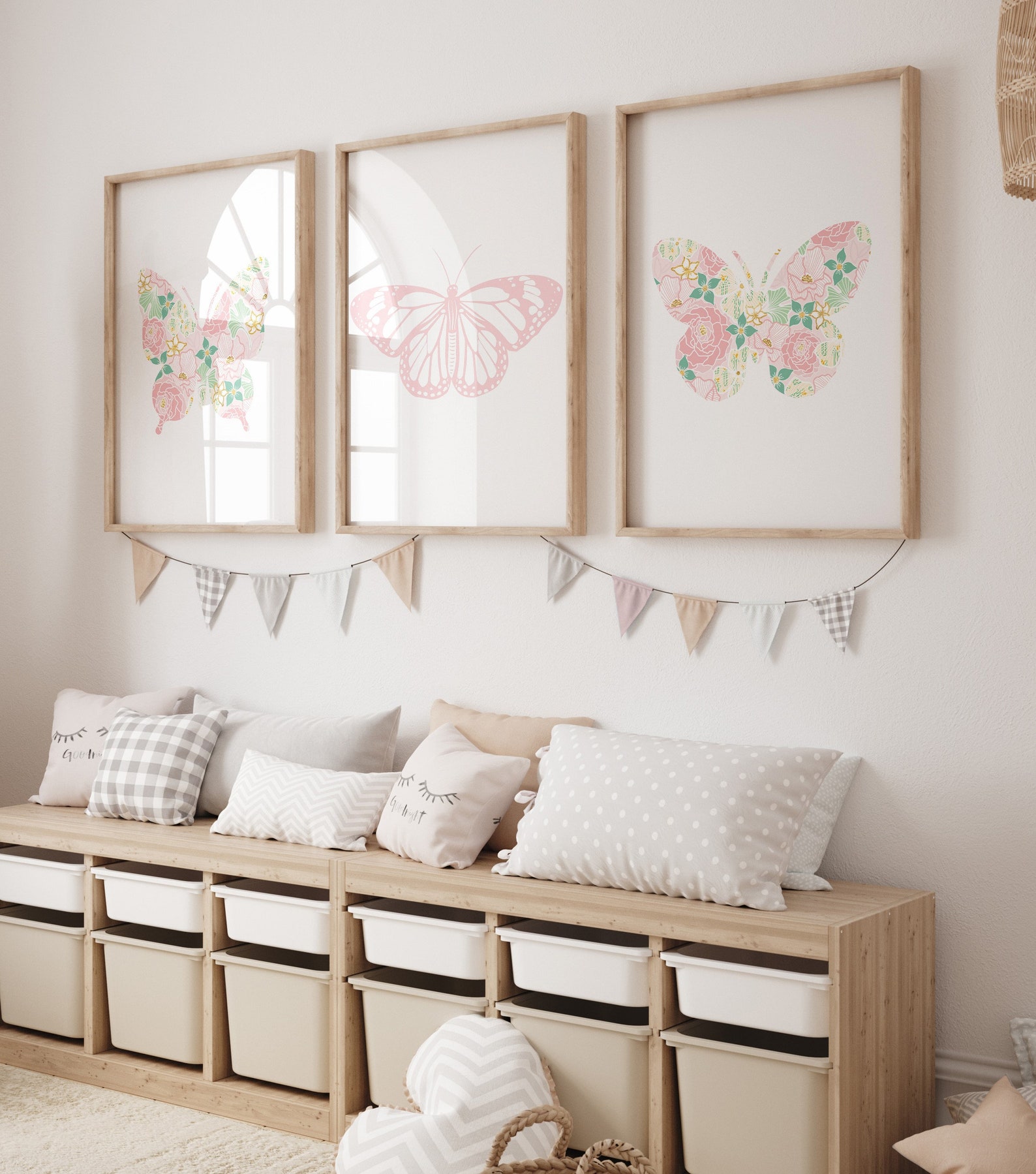 Floral Butterfly Print Set of 3, Pink and Sage Butterfly Nursery Prints ...