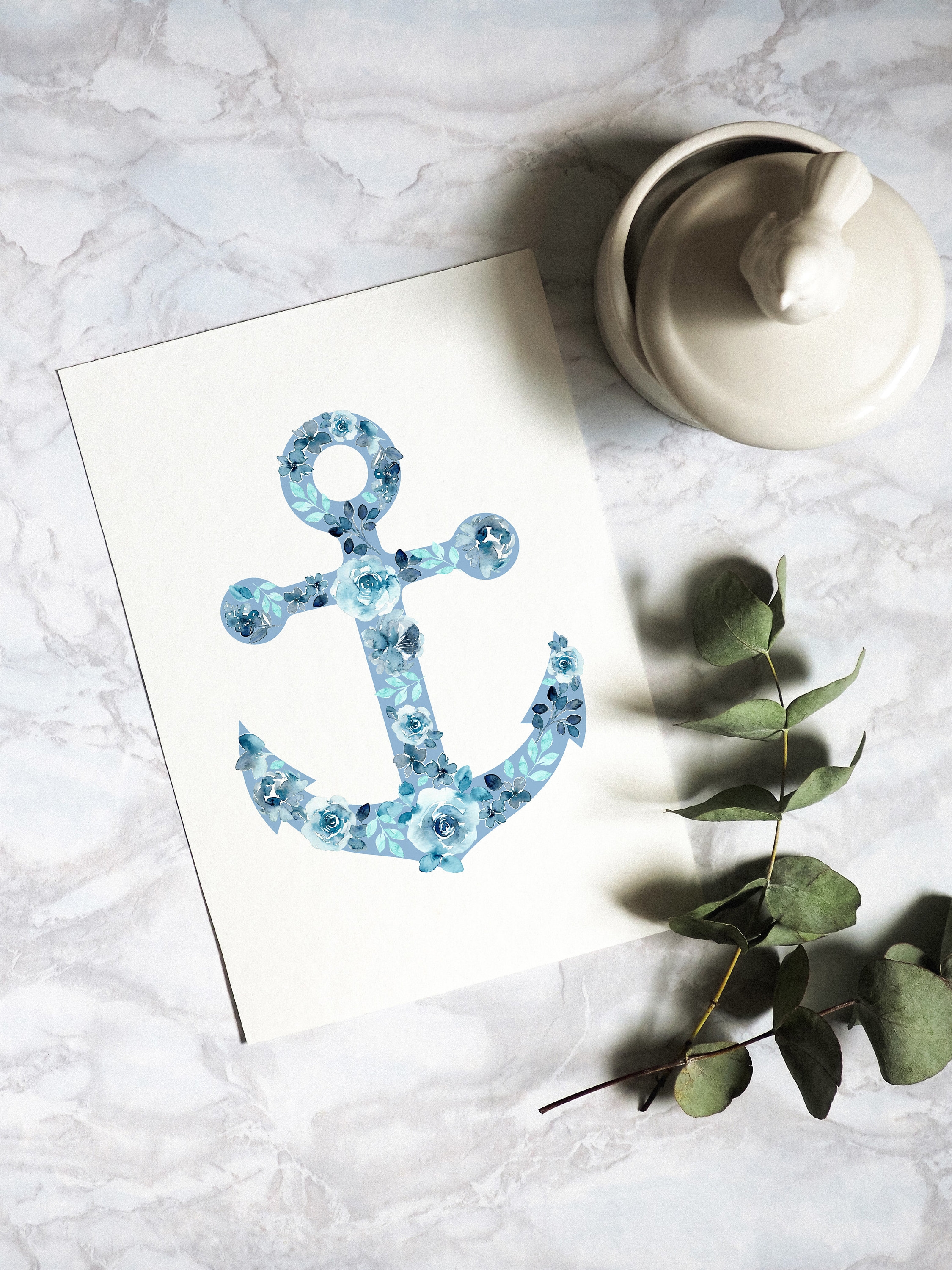 Blue Anchor Art Print Floral Watercolor Nautical Wall Art Etsy