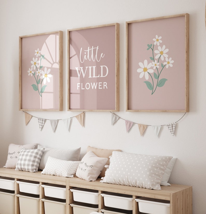 Mauve Daisy Nursery Wall Art, Little Wildflower Print Set of 3 ...