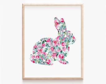Pink Floral Bunny Print, Pastel Flower Animal Nursery Wall Art, Watercolor Floral Rabbit Silhouette Print, Bunny Lover Gift, Farmhouse Art