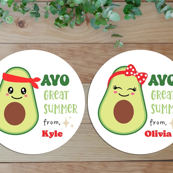 End of School Year Labels, Personalized Boy Girl Avocado Stickers, Custom Summer Break Last Day Class Tags, Cute Teacher Favors with Name