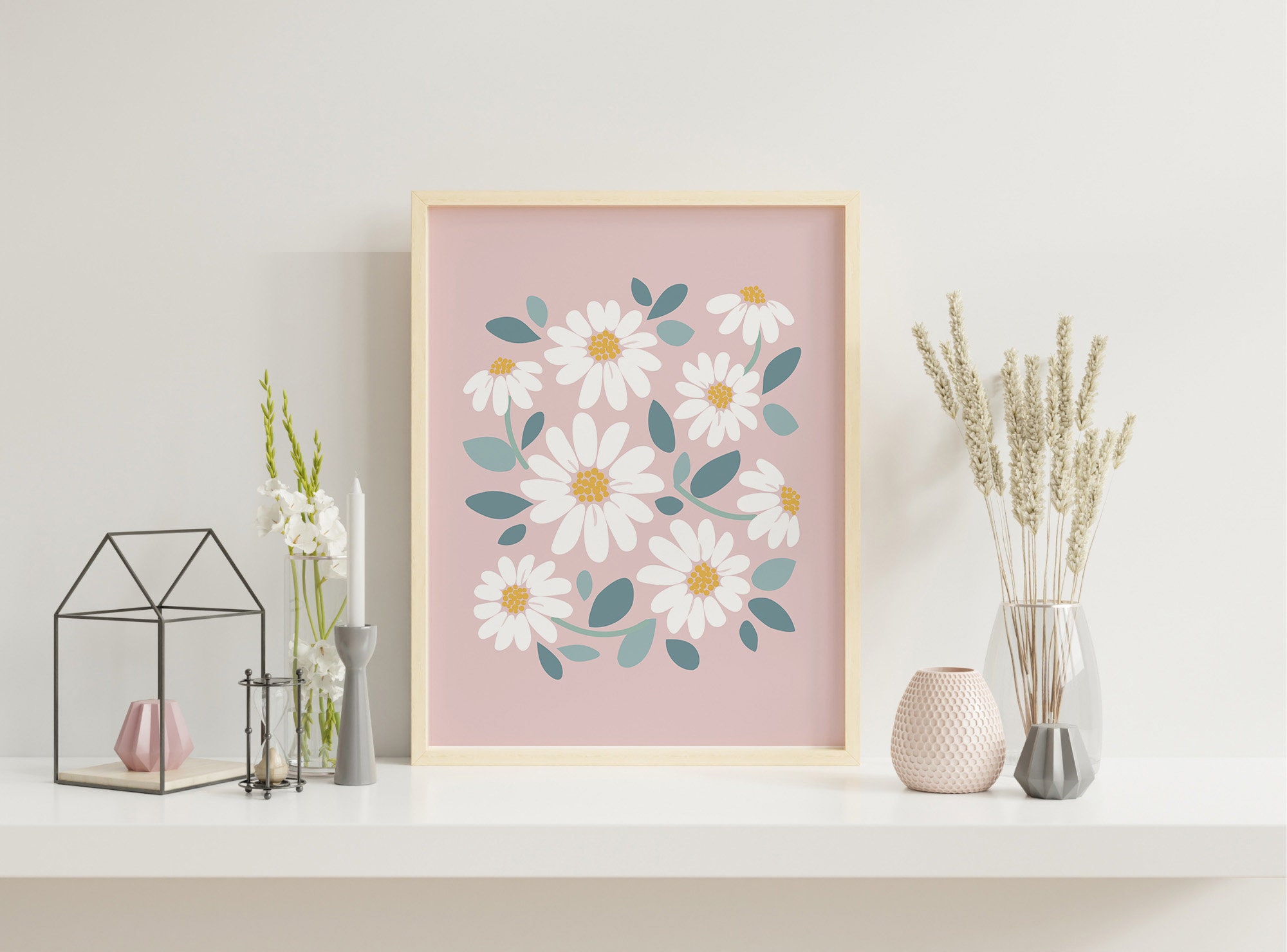 Pink Daisy Wall Art PRINTABLE, Dusty Rose Floral Nursery Decor, Retro ...