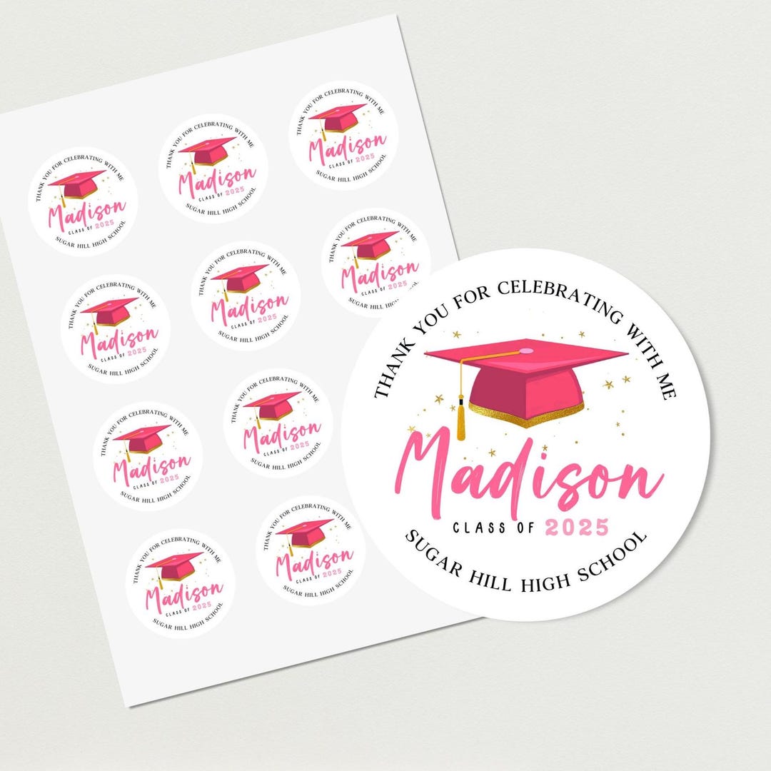 Graduation Part Part Sticker Personalized Pink Graduation Stickers, Girly Grad Cap Thank You Favors ...