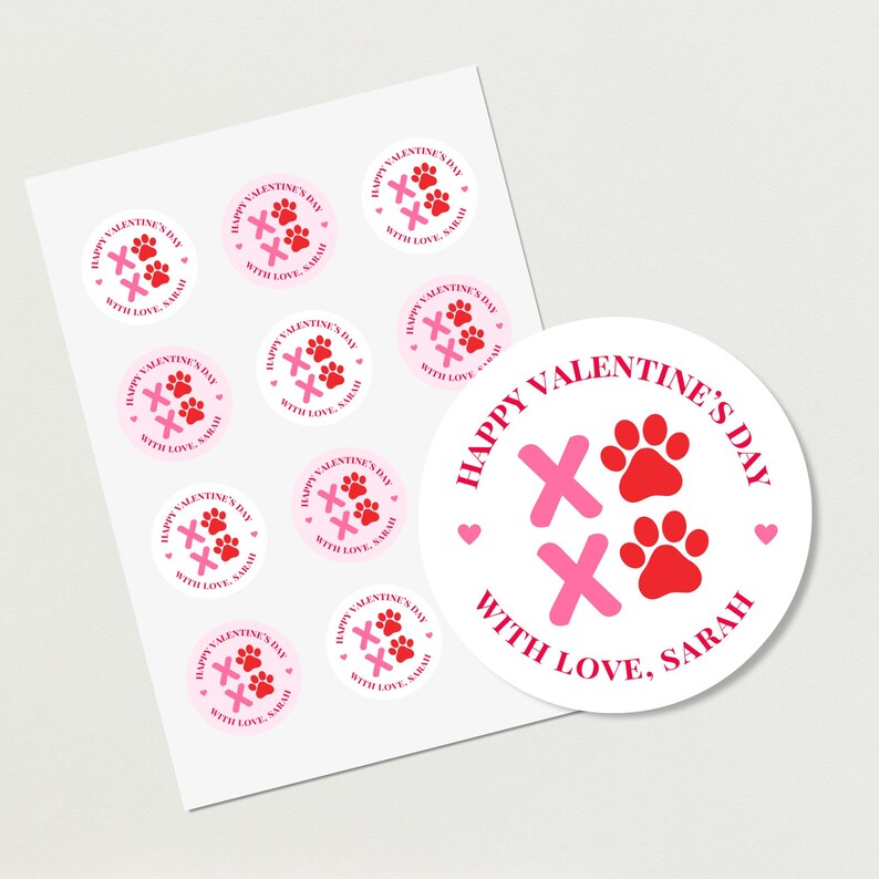 Personalized Pet Valentine Stickers With Name, Dog Paw Red Pink XOXO ...