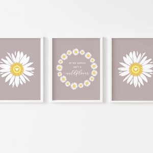 Daisy Nursery Set of 3 PRINTABLE, Boho Floral Wreath Girl&#39;s Room, She is a Wildflower Plum Decor, Teen Purple Pastel Scandi Daisy Wall Art