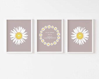 Daisy Nursery Set of 3 PRINTABLE, Boho Floral Wreath Girl's Room, She is a Wildflower Plum Decor, Teen Purple Pastel Scandi Daisy Wall Art