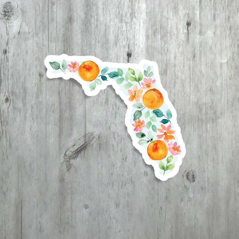 Florida Map Sticker, Vibrant Sunshine State Vinyl Decal, Watercolor Floral Florida State Gift, Orange Blossoms FL Art Water Bottle Sticker