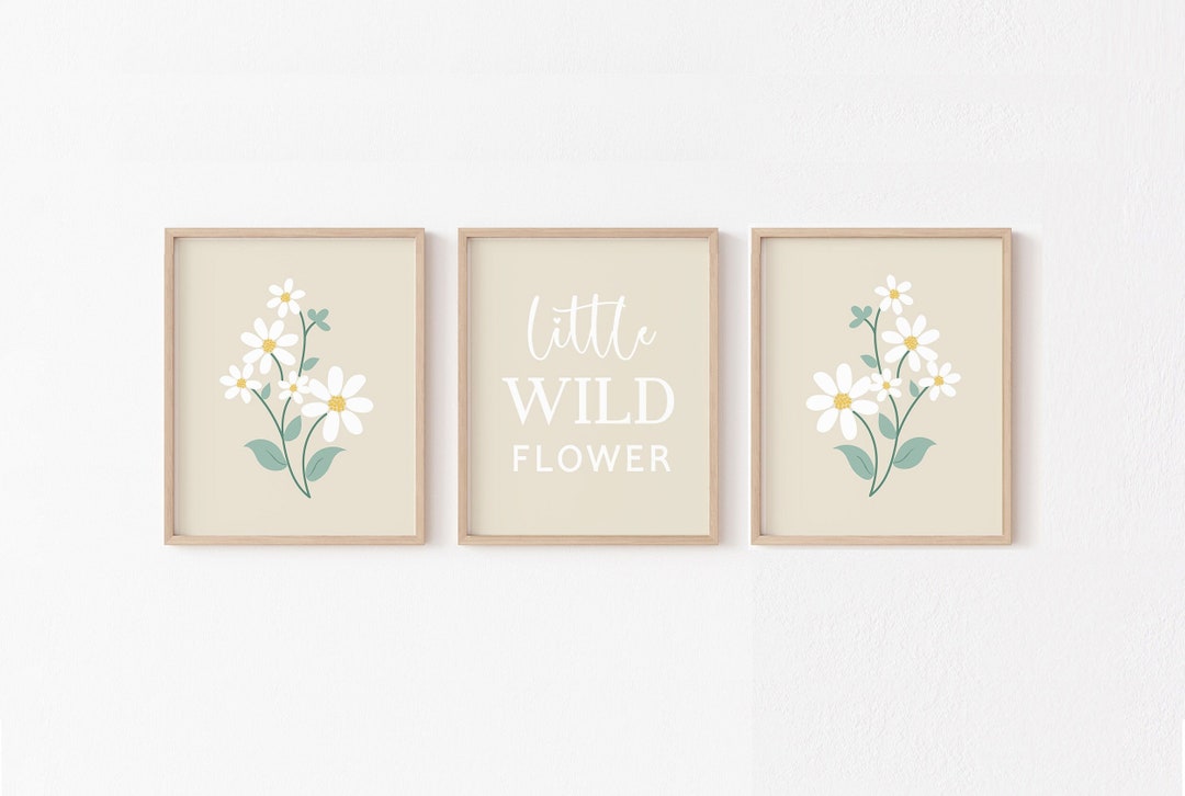 Neutral Daisy Nursery Wall Art, Beige Little Wildflower Print Set of 3 ...