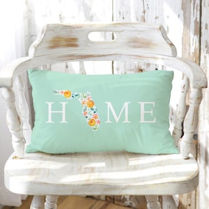 Florida Map Pillow, Oblong Home State Pillow, Seafoam Blue Beach House Watercolor Coastal Decor, Boho Floral Florida Oranges Chair Pillow