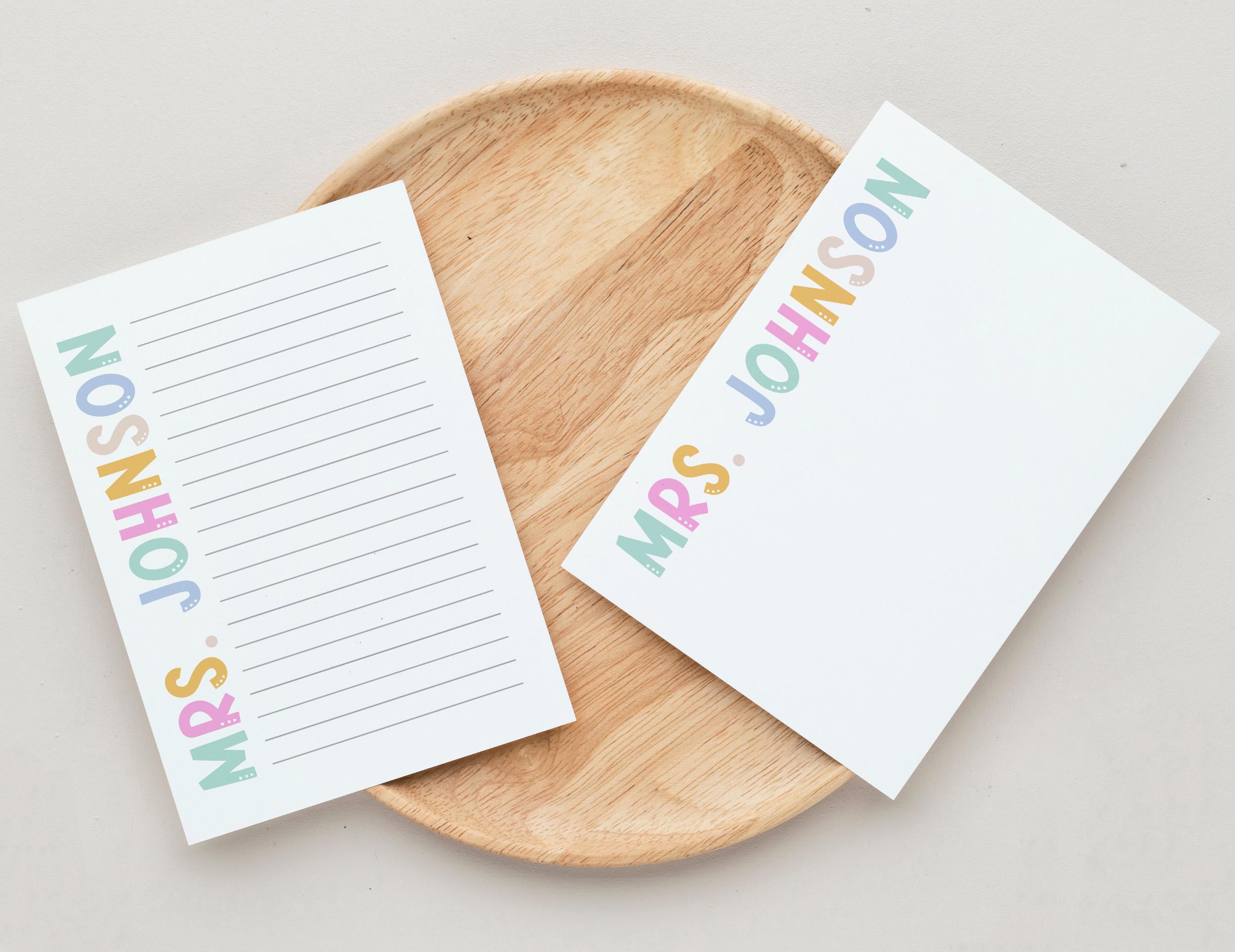 Teacher Notepad Personalized, Colorful Custom Name School Stationery ...