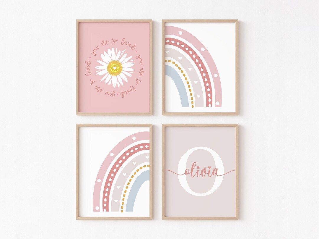 Boho Daisy Nursery Set of 4 PRINTABLE, Pastel Rainbow Personalized ...