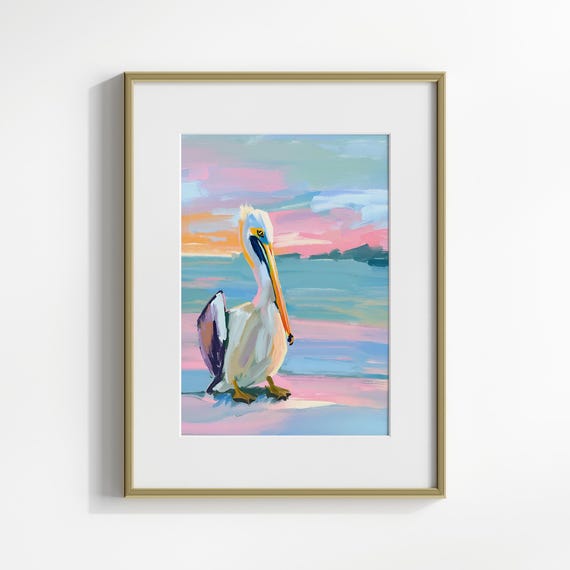 Pelican Wall Art PRINTABLE, Modern Abstract Bird Print, Pink Coastal Decor, Pastel Marsh Sunset, Digital Beach House Impressionist Art