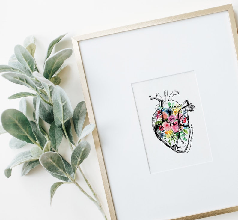 Anatomical Heart With Flowers Art Print, Colorful Floral Heart Wall Art ...