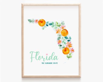 Florida State Map Watercolor Print, Sunshine State Florida Kids Room Art, Modern Citrus Tropical Florida Wall Art, FL Travel Poster Gift