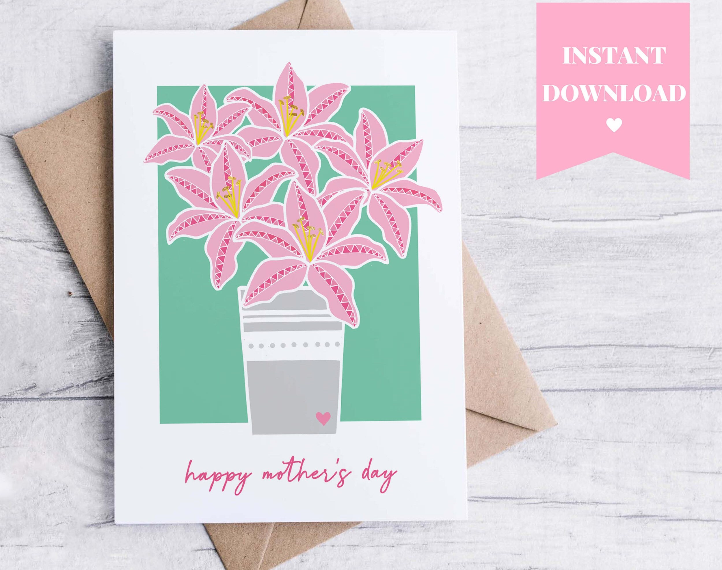 PRINTABLE Pink Lily Mother's Day Card Stargazer Lilies Etsy