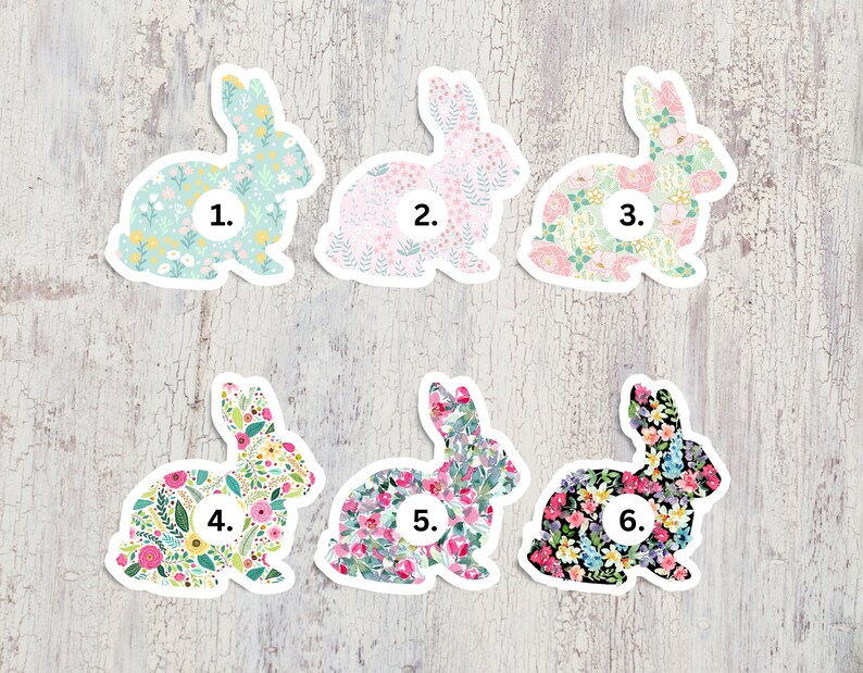 May include: Six floral patterned bunny stickers with numbers 1 through 6. The bunnies are in various colors, including pink, blue, and green.