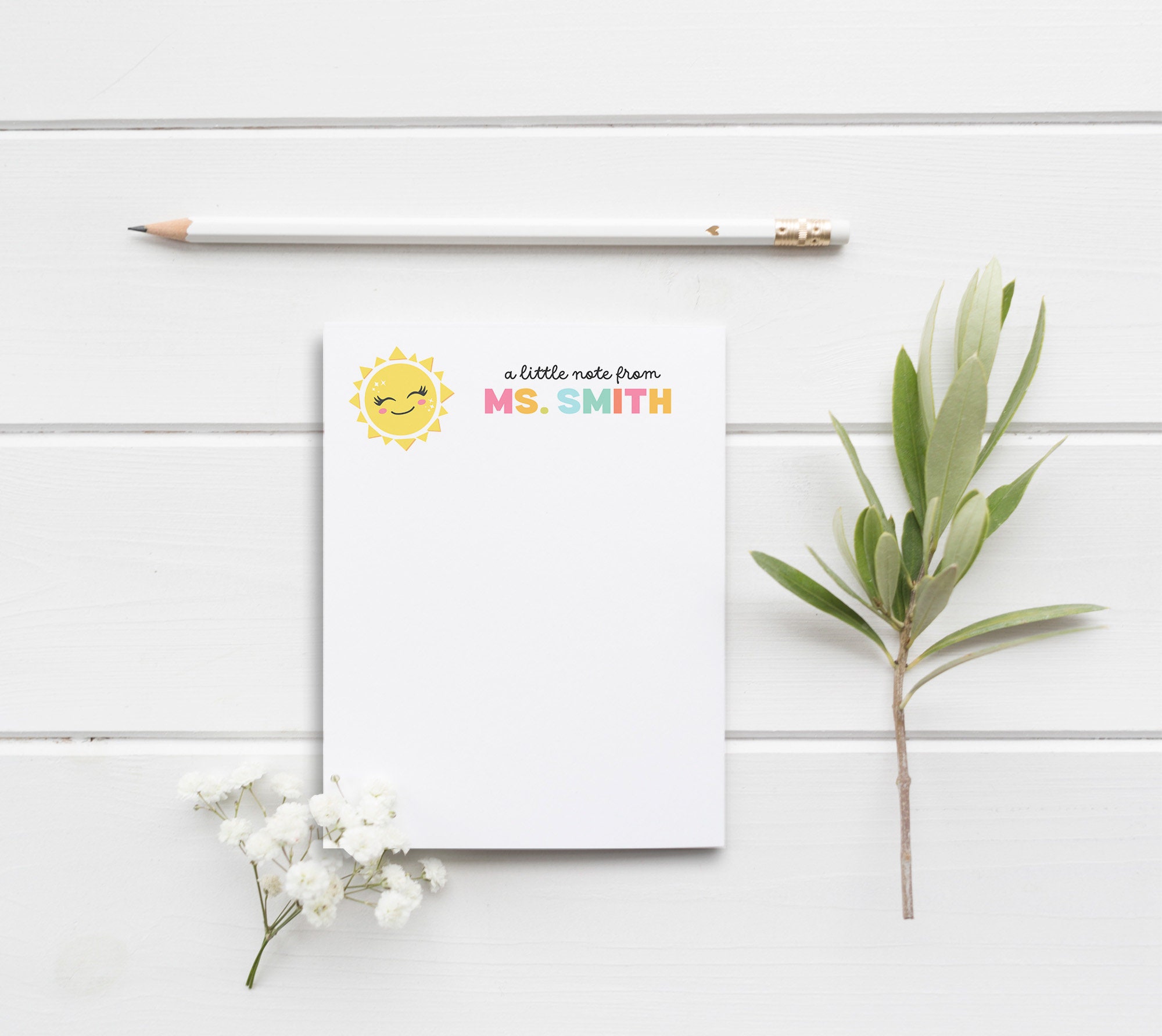 Teacher Note Pad Personalized, Custom School Stationery Name, Cute Sun ...