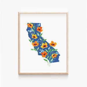 California Flowers State Art Print, California Map Wall Art, Floral Watercolor California Poppies Housewarming Gift, CA Map Travel Poster