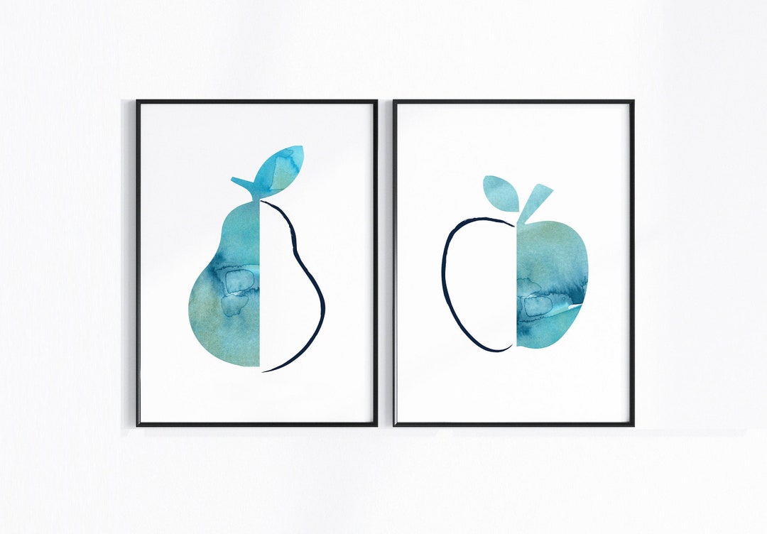 Blue Abstract Kitchen Wall Art, Watercolor Fruit Print Set, Teal Ombre