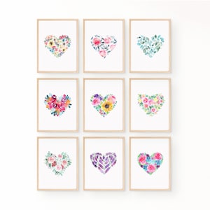 Watercolor Hearts Print Set of 9, Colorful Girl Nursery Decor, Modern Abstract Floral Heart Wall Art, Valentine&#39;s Botanical Painting Gift