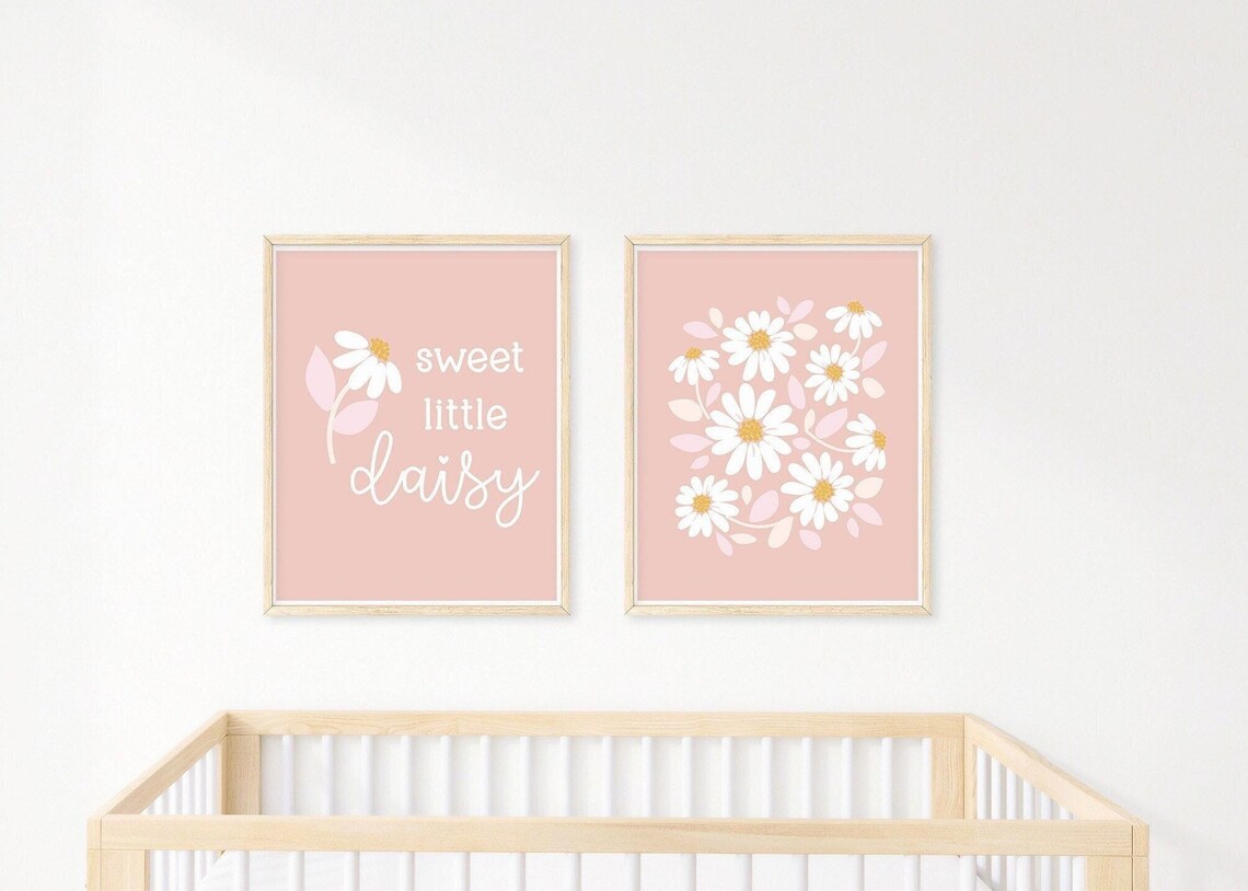 Boho Daisy Nursery Print Set, Neutral Modern Daisy Decor, Pastel Pink ...
