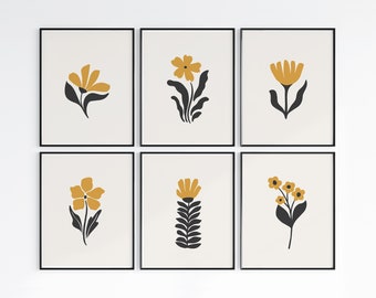 Mustard Floral Wall Art, Modern Black Botanical Decor, Yellow Flower Digital Print Set, Minimalist Scandi Matching Prints, Neutral PRINTABLE