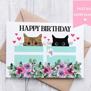 PRINTABLE Cat Lover Birthday Card, Black Kitty Tabby Cat, Pink Hearts Purple Watercolor Floral, Digital 5x7 Happy Birthday Greeting Card DIY