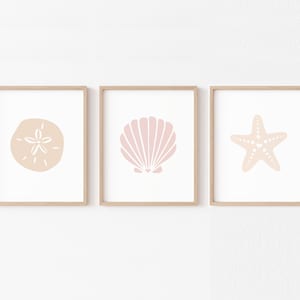 Neutral Coastal Wall Art PRINTABLE, Peach Pink Seashell Girls Room Prints, Starfish Sand Dollar Nursery Decor, Digital Boho Minimalist Beach