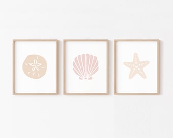Neutral Coastal Wall Art PRINTABLE, Peach Pink Seashell Girls Room Prints, Starfish Sand Dollar Nursery Decor, Digital Boho Minimalist Beach