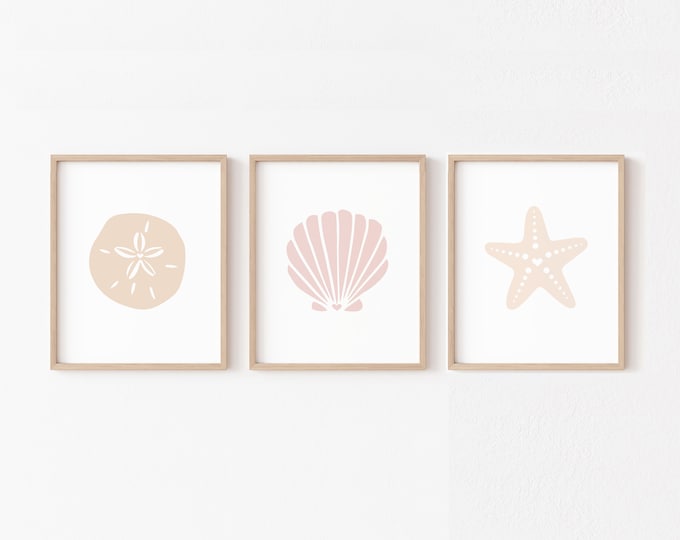 Neutral Coastal Wall Art PRINTABLE, Peach Pink Seashell Girls Room Prints, Starfish Sand Dollar ...