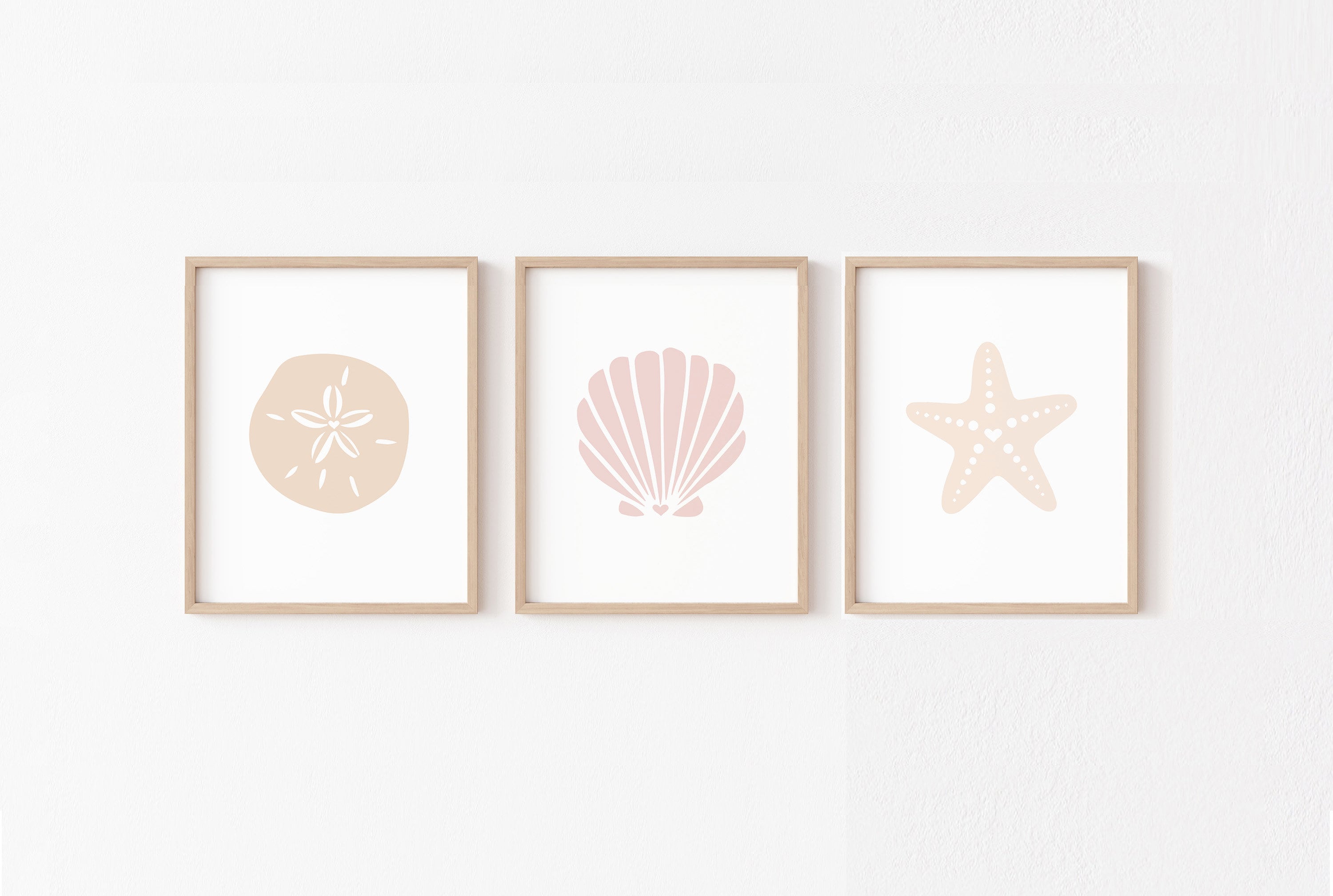 Arte de pared costero neutro IMPRIMIBLE, impresiones para habitación de niñas con conchas marinas de color rosa melocotón, decoración de guardería con forma de dólar de arena y estrellas de mar, playa minimalista bohemia digital