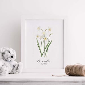 May include: A framed watercolor print featuring white daffodils with yellow centers and green stems. The print is labeled "December Narcissus" in elegant script. A gray teddy bear and a spool of twine are in the foreground.