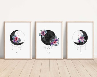 Flower Moon Phases Print Set, Boho Teen Girl's Room Decor, Watercolor Floral Moon and Stars Nursery Wall Art, 3 Piece Black Lunar Painting