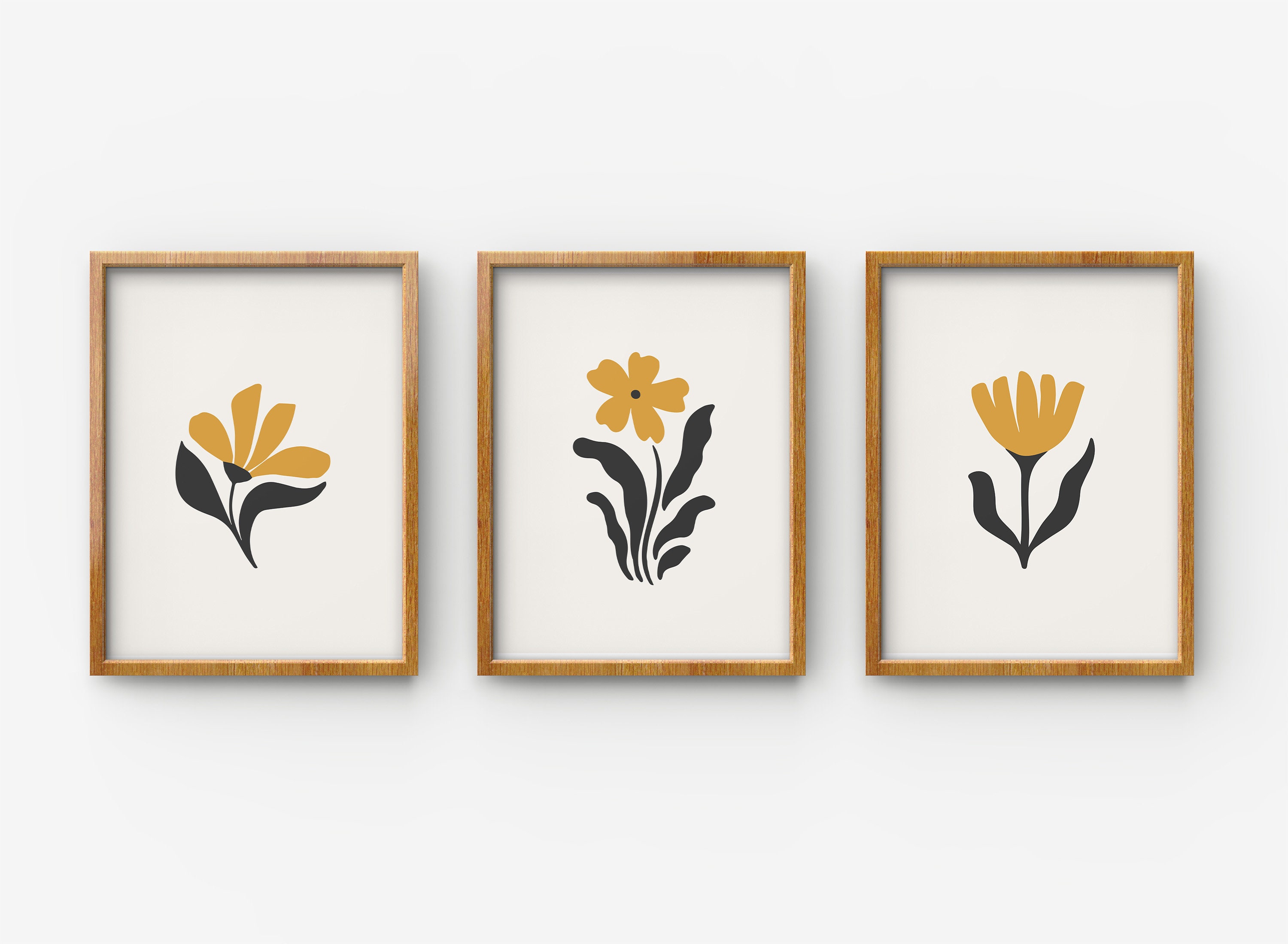 Mustard Floral Wall Art, Modern Black Botanical Decor, Yellow Flower ...