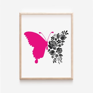 Hot Pink Butterfly PRINTABLE, Black and White Line Art Flower Decor, Digital Modern Floral Tula Pink Wall Art, Trendy Fuschia Teen Bedroom