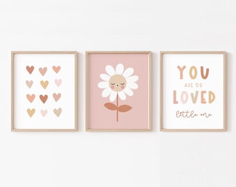 Neutral Daisy Nursery Wall Art, You Are So Loved Modern Daisy Decor, Boho Floral Print Set of 3, Pink Wildflower Scandi Kids Room PRINTABLE