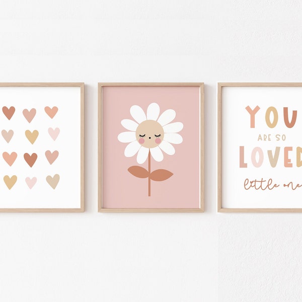 Neutral Daisy Nursery Wall Art, You Are So Loved Modern Daisy Decor, Boho Floral Print Set of 3, Pink Wildflower Scandi Kids Room PRINTABLE