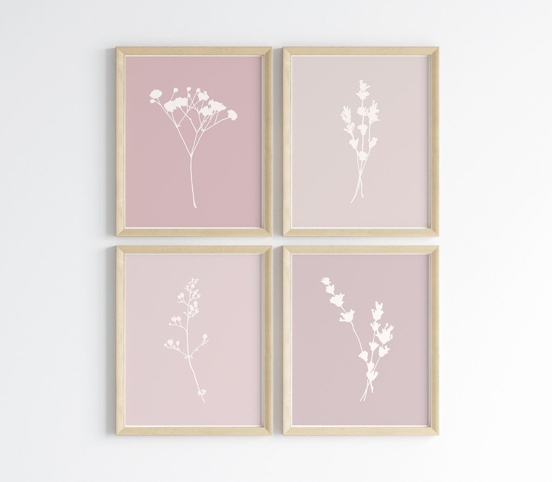 Botanical Nursery Wall Art, Mauve Floral Print Set of 4, Minimalist ...