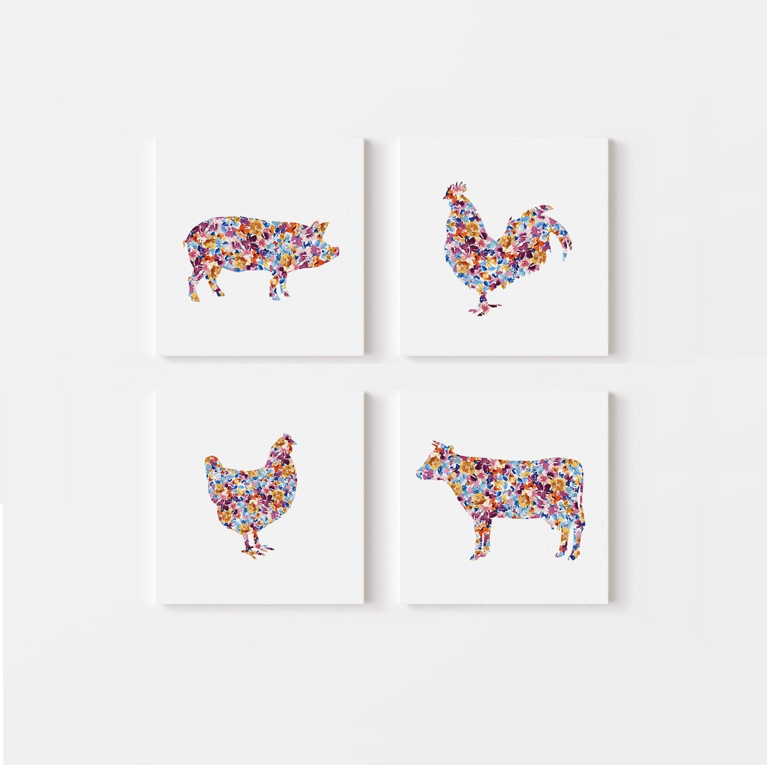 Farm Animals CANVAS Wall Art, Modern Farmhouse Print Set, Watercolor Floral Kitchen Home Decor