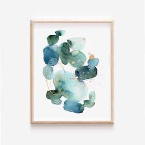 Watercolor Sea Glass Art Print, Blue Gold Abstract Wall Art, Modern Minimalist Beach Home Decor, Coastal Indigo Green Shapes Ocean Pebbles