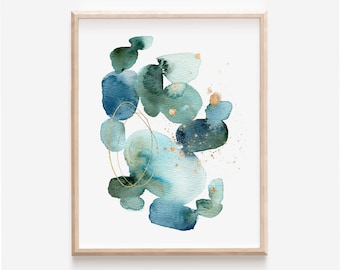 Watercolor Sea Glass Art Print, Blue Gold Abstract Wall Art, Modern Minimalist Beach Home Decor, Coastal Indigo Green Shapes Ocean Pebbles