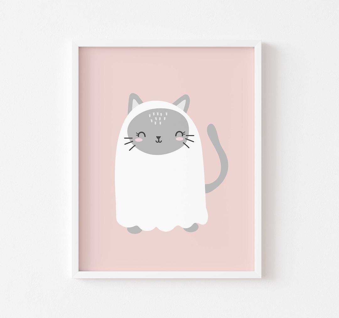 Pink Cat Halloween Wall Art PRINTABLE, Pastel Boho Kitty Ghost Print ...