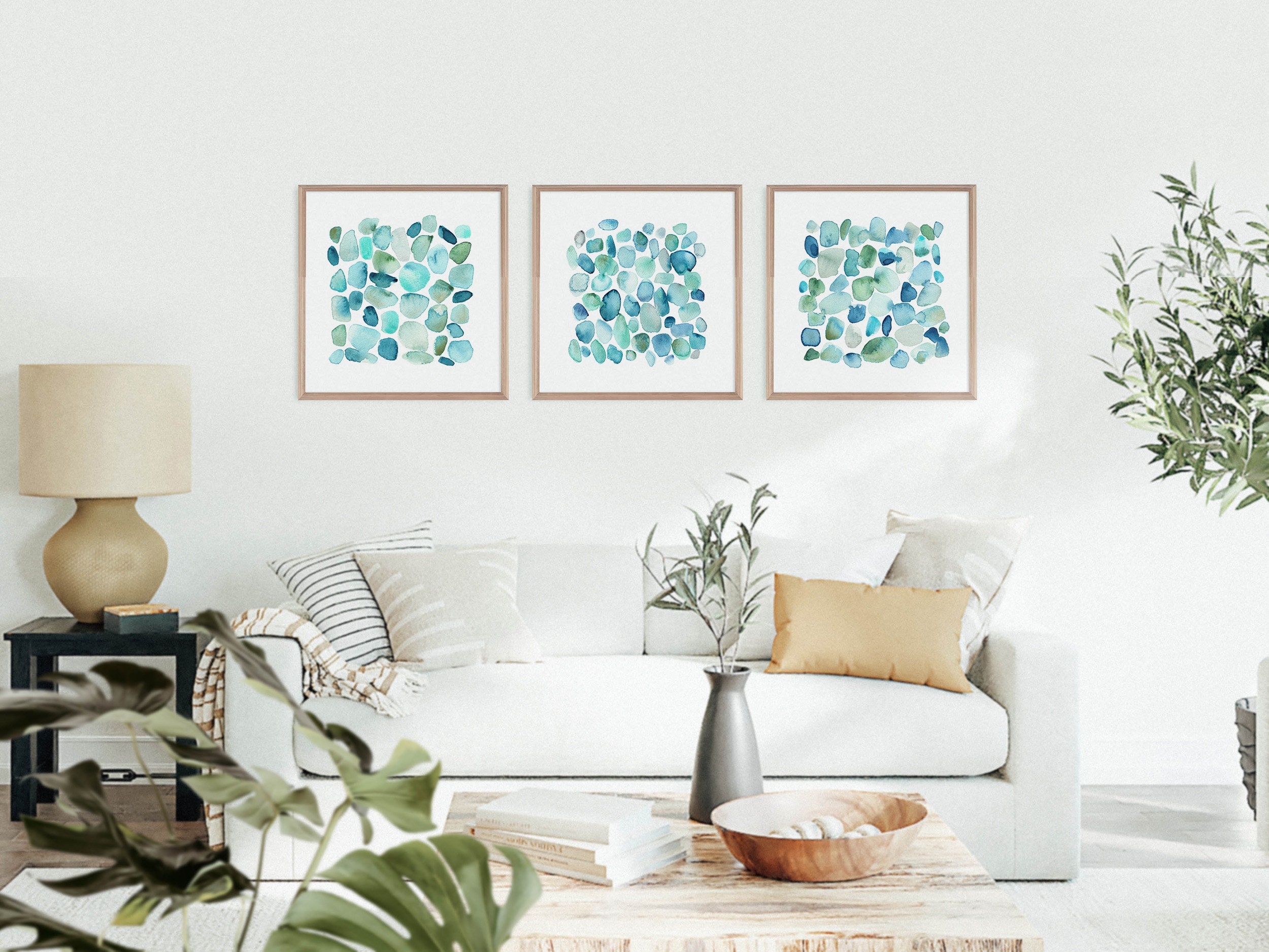 Blue Coastal Wall Art, Sea Glass Abstract Art Print Set, Set of 3 Beach ...