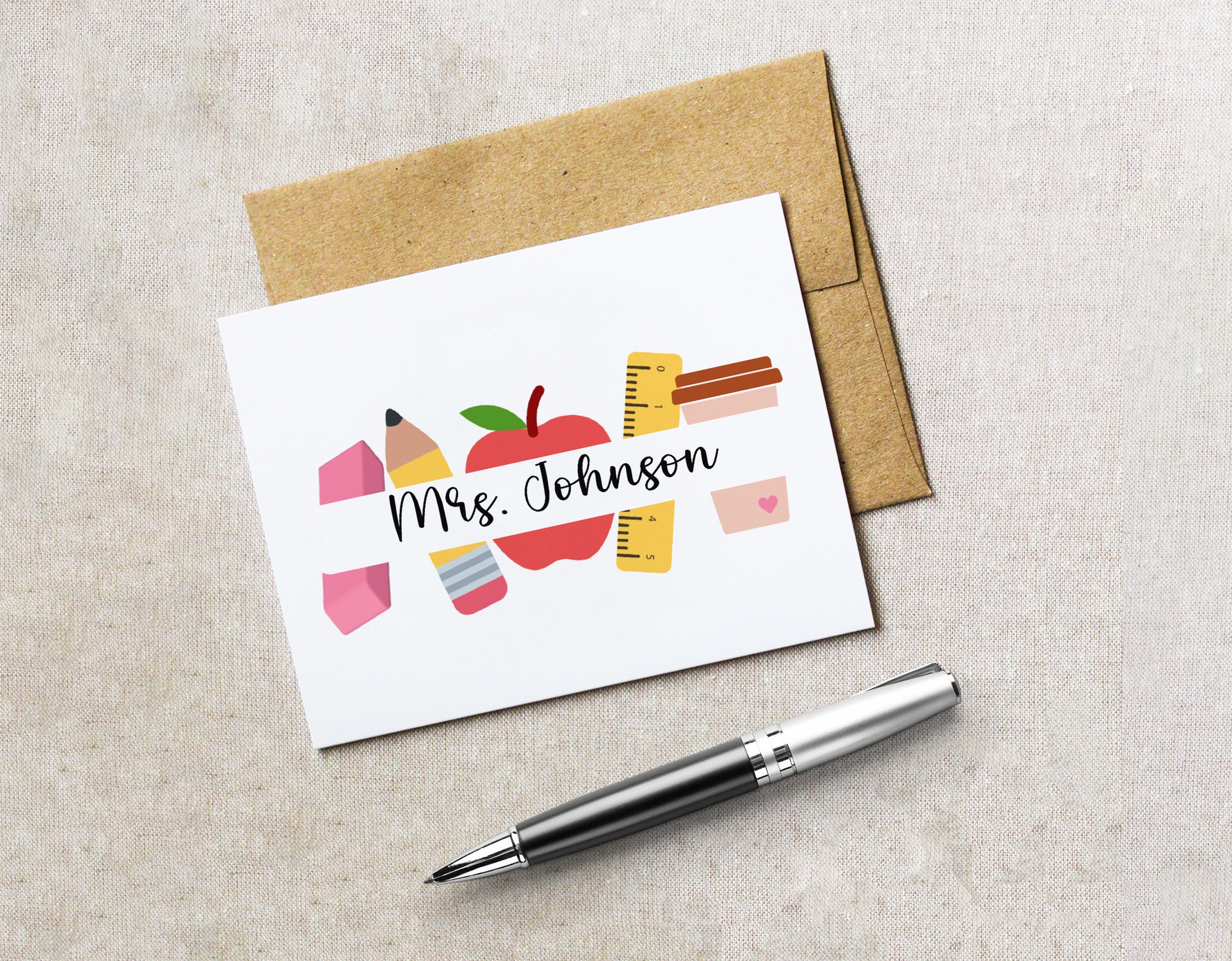Personalized Teacher Note Cards, Retro Apple Set of Blank Cards, Custom ...