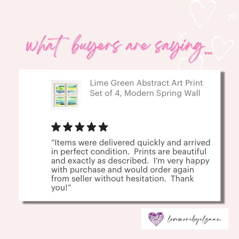 May include: Five star review for a set of four lime green abstract art prints. The review states "Items were delivered quickly and arrived in perfect condition. Prints are beautiful and exactly as described. I'm very happy with purchase and would order again from seller without hesitation. Thank you!"