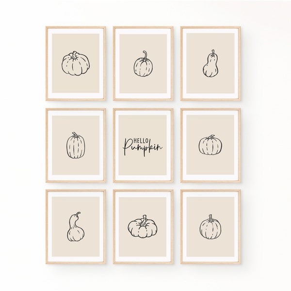 Neutral Pumpkins Wall Art PRINTABLE, Cream Hello Pumpkin Print Set of 9, Beige Thanksgiving Decor, Modern Minimalist Rustic Earthy Pumpkin