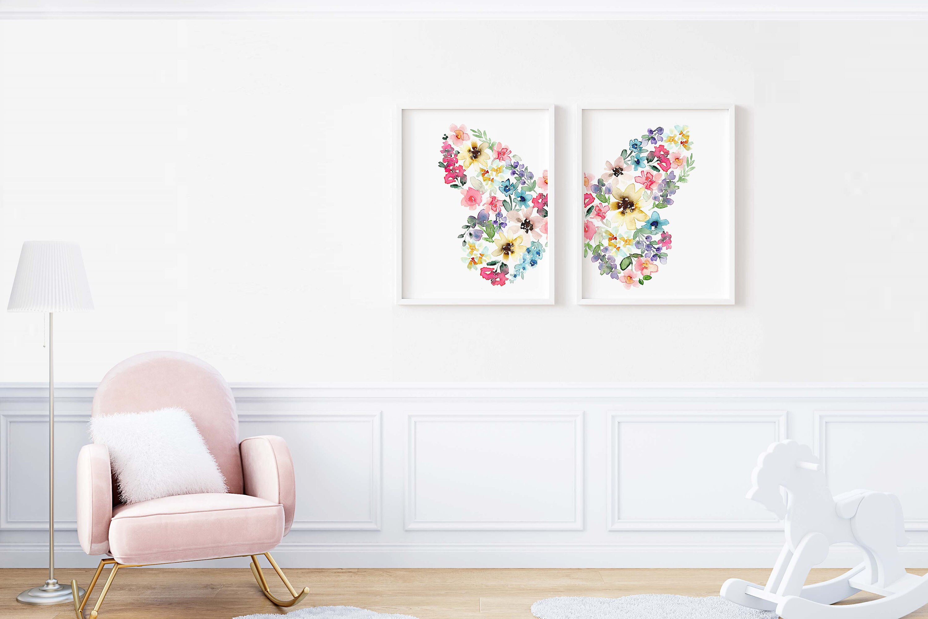 Butterfly Nursery Print Set of 2, Colorful Floral Girls Room Decor ...
