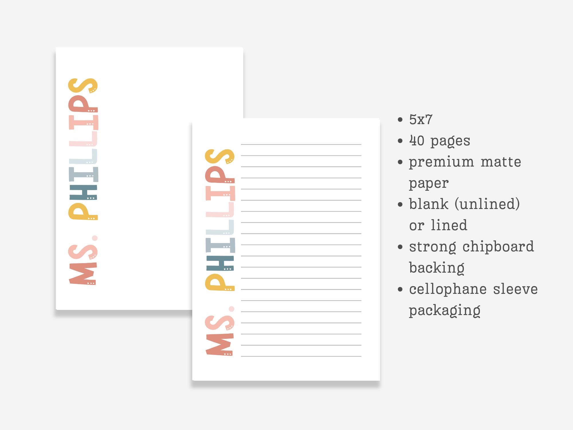 Teacher Notepad Personalized, Colorful Custom Name School Stationery ...