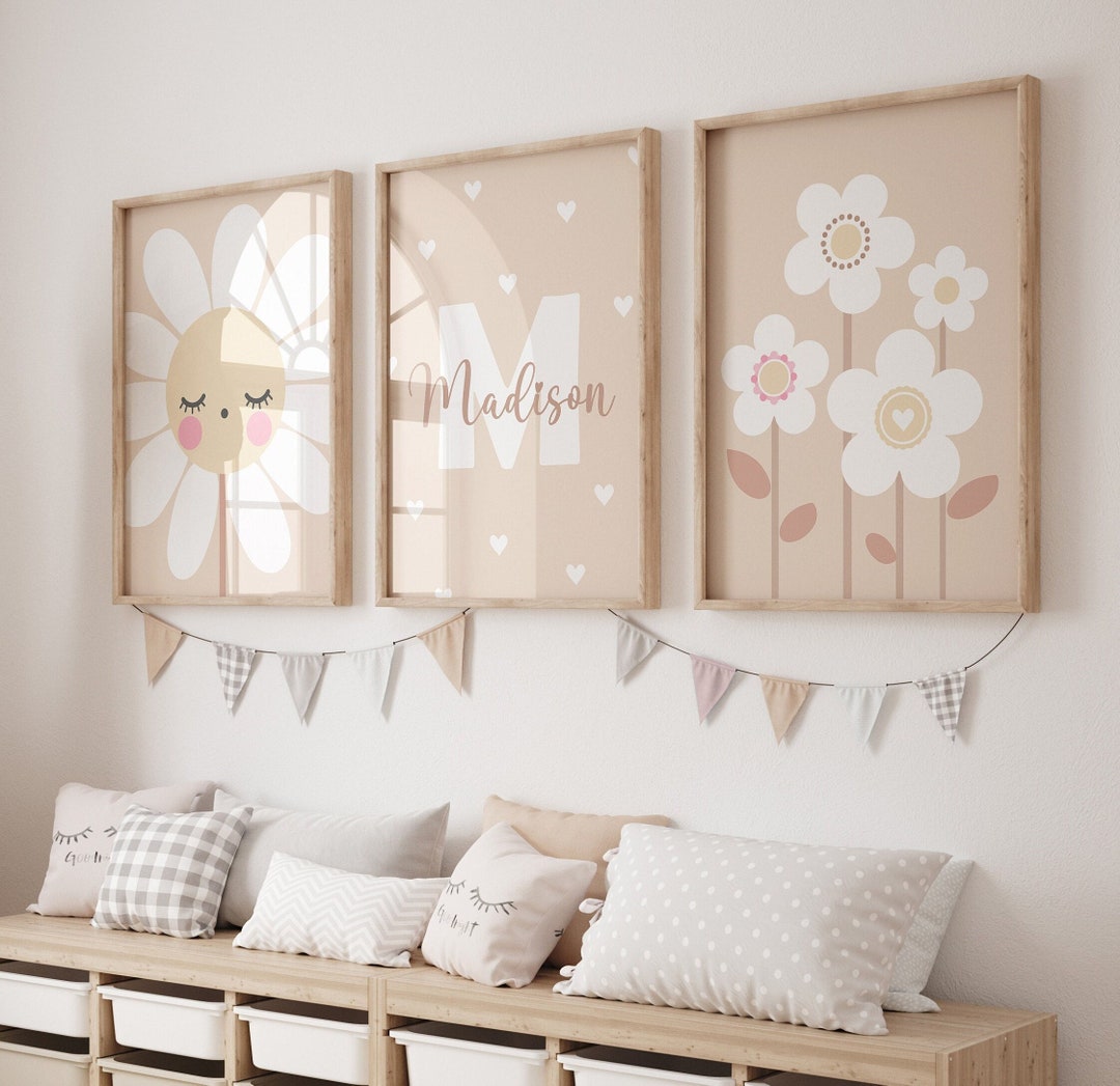 Neutral Daisy Nursery Wall Art, Personalized Name Initial Decor, Boho ...