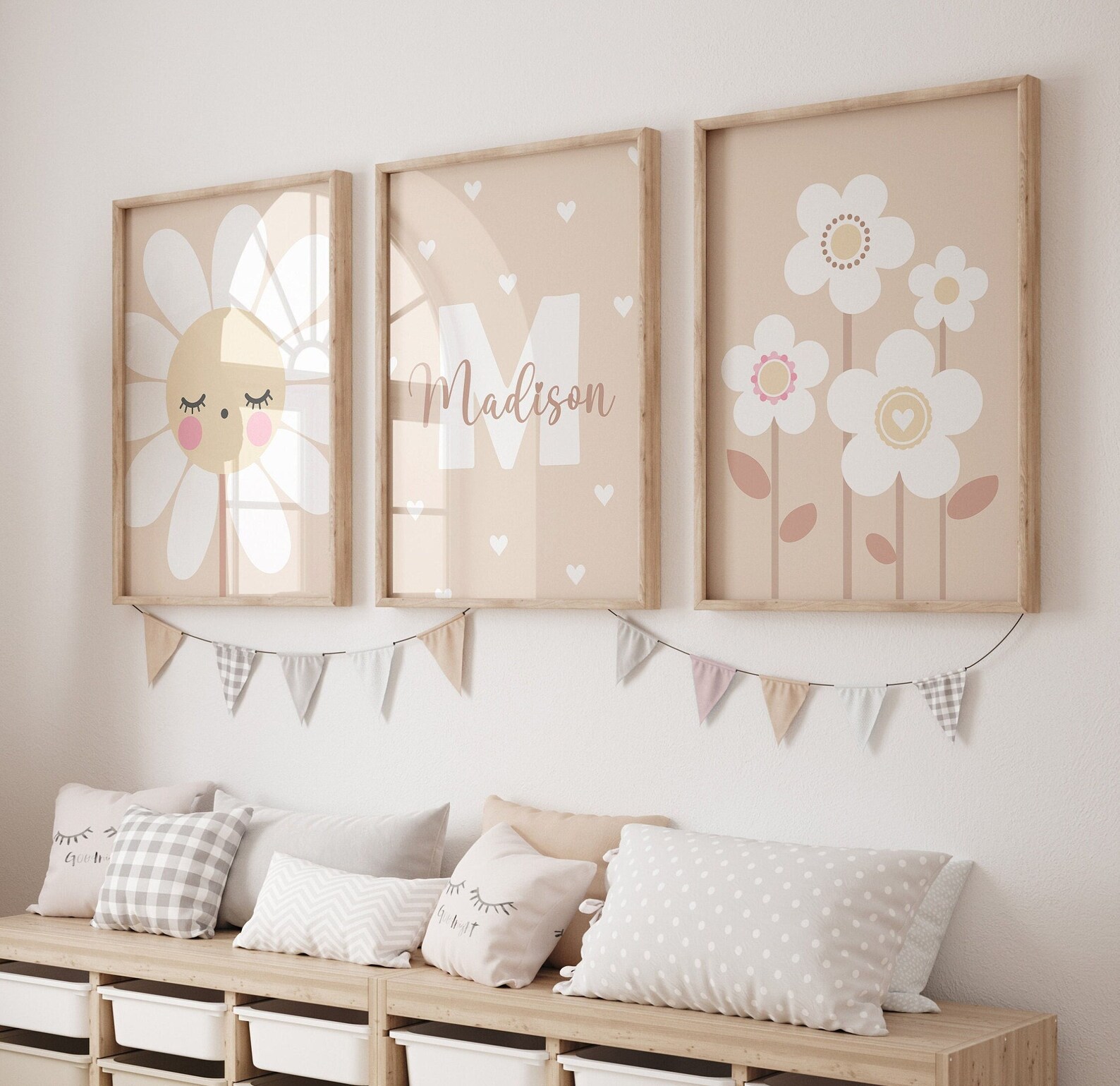 Neutral Daisy Nursery Wall Art, Personalized Name Initial Decor, Boho ...
